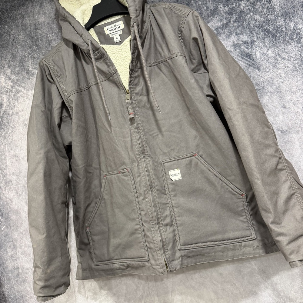 Eddie Bauer Foreman Jacket Mens L Gray Hooded Canvas Bomber Workwear Coat